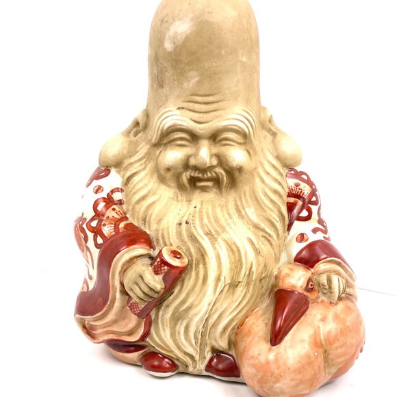Antique Chinese Ceramic Elder Shou Xing Figurine with Scroll and Bird Hand Paint - Picture 1 of 13
